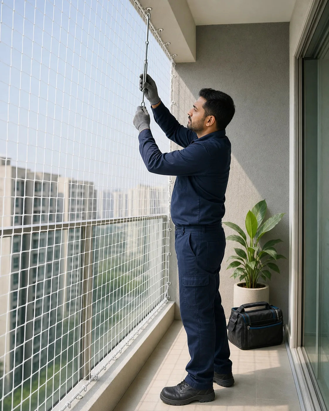 Technician carefully tensioning a balcony safety net